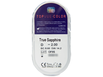 TopVue Color - True Sapphire - dioptrické (2 čočky) - Vzhled blistru s čočkou