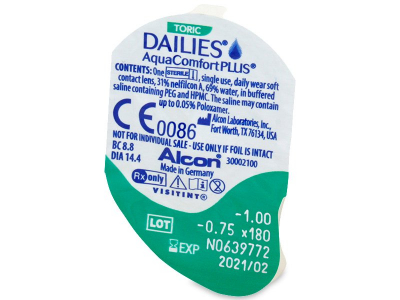 Dailies AquaComfort Plus Toric (90 čoček) - Vzhled blistru s čočkou
