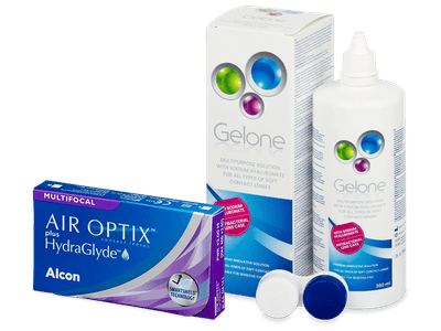 Air Optix plus HydraGlyde Multifocal (3 čočky) + roztok Gelone 360 ml - Výhodný balíček