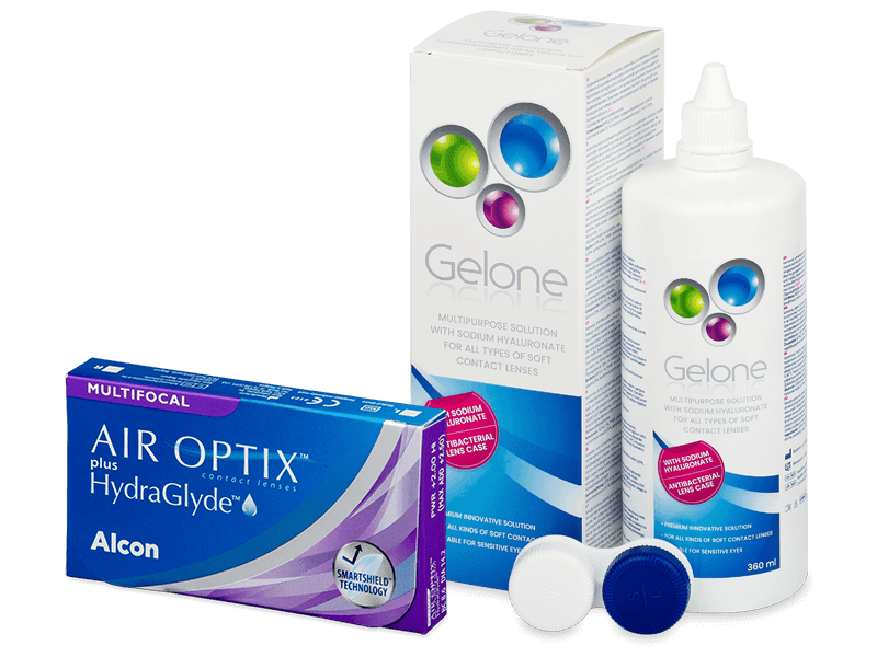 Air Optix plus HydraGlyde Multifocal (3 čočky) + roztok Gelone 360 ml - Výhodný balíček